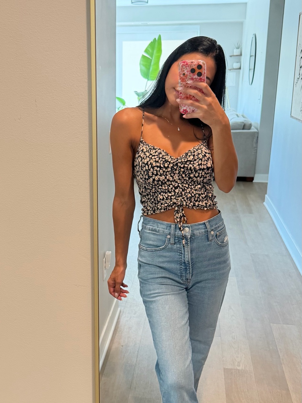 Urban Outfitters Black Floral Smocked Cami with Cream Accents